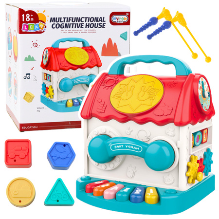 Domek Edukacyjny Kostka Interaktywna Grzechotka Sorter Dźwięki Kolorowy 