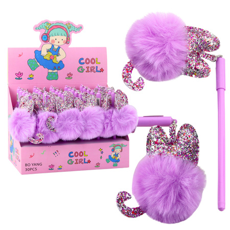 Długopis Żelowy Zatyczka Z Fioletowym Pomponem Niebieski Tusz 17cm 0.5mm 