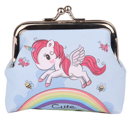 Portfelik Dziecięcy Jednorożec Tęcza Niebieski Metalowy Zatrzask 10x9cm 