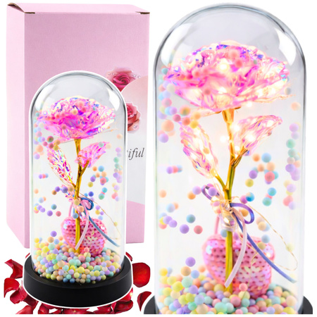 Wieczna Róża w Kopule z Oświetleniem LED Różowa z Serduszkiem i Kuleczkami 