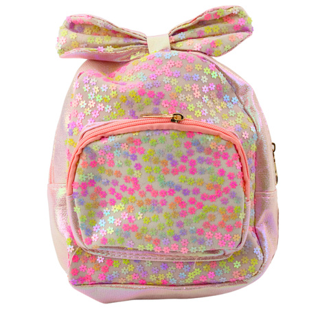Plecak Dziecięcy Z Cekinami W Kwiatki Kokarda Jasnoróżowy 22cm 2,8L 