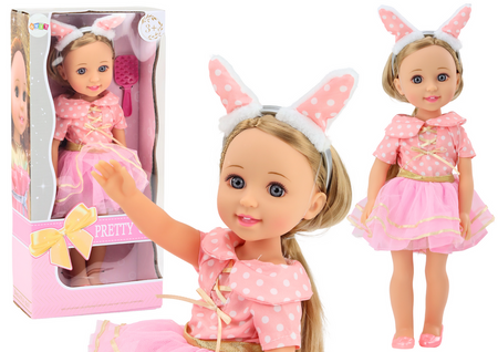 Lalka Różowa Sukienka Długie Włosy Opaska Szczotka 38cm 
